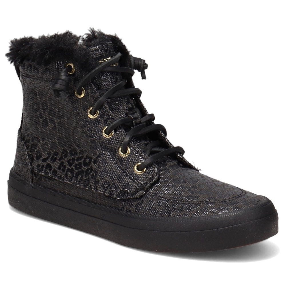 NIB Sperry Crest Vibe Canvas High Top Sneaker Black Animal Print Textile - Picture 11 of 13